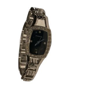 FOSSIL F2 ES-1169 Wrist Watch Rhinestone Square Black Face Silver Tone Women